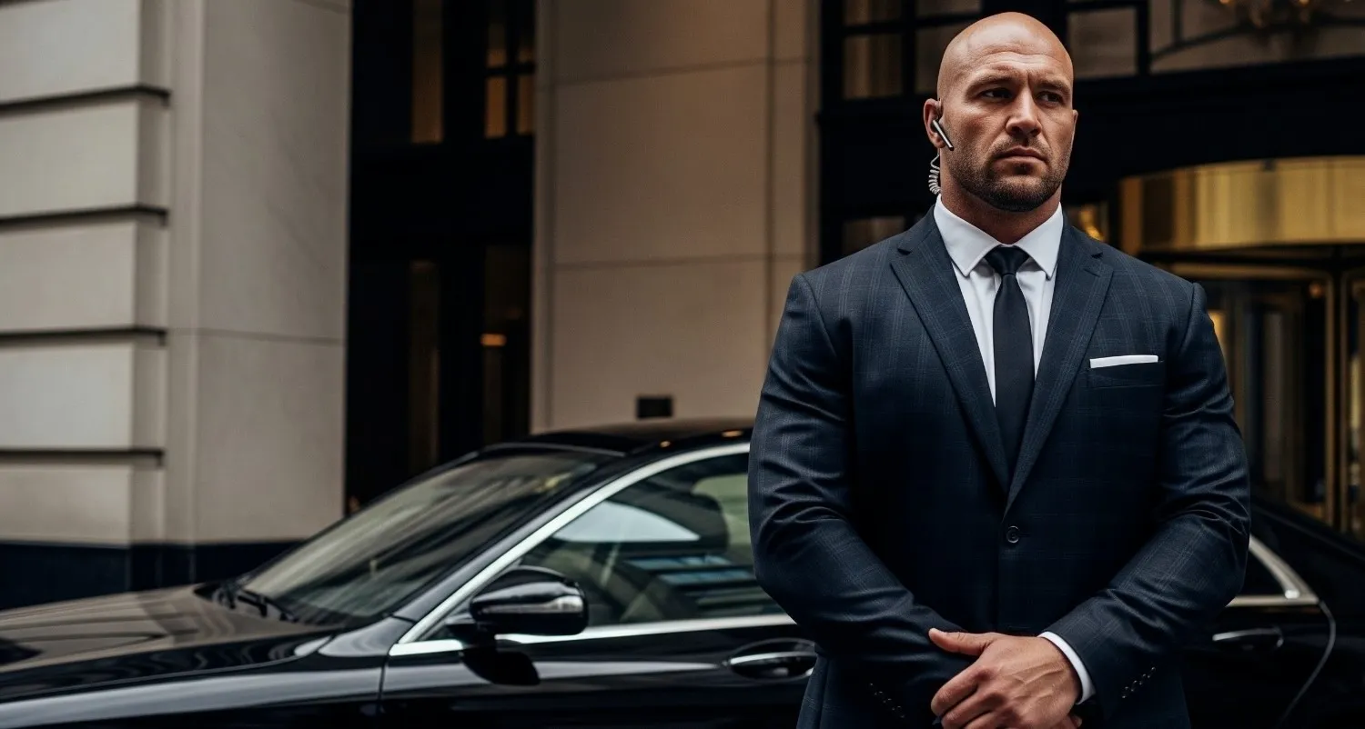 Close-protection officer in a suit standing beside a client's vehicle